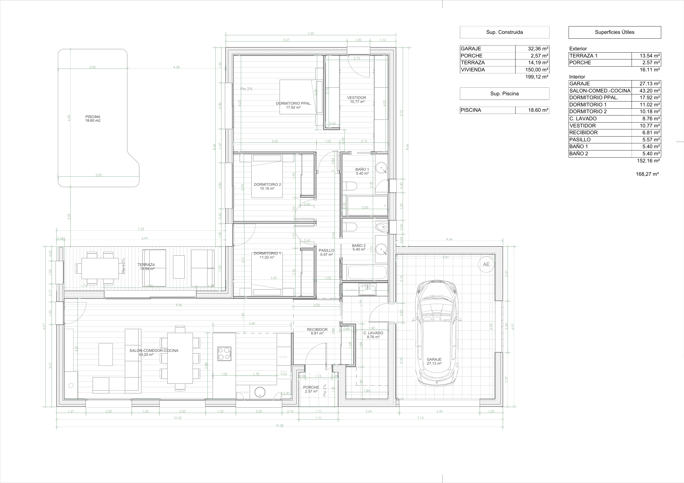 Planta de Villa Astur con distribución y cuadro de superficies