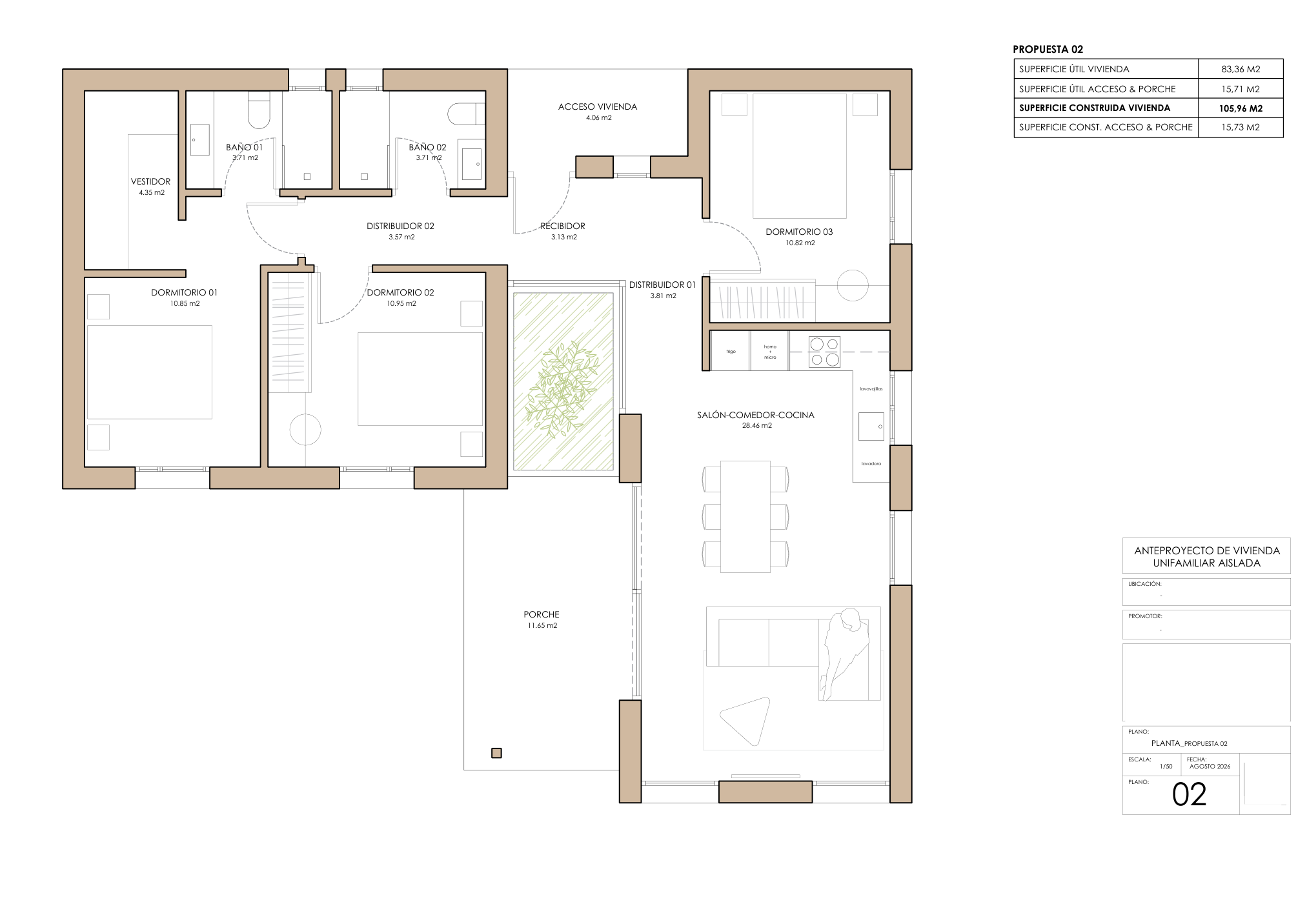 Plano de la vivienda de 105,96 m²: tres dormitorios, dos baños, vestidor y porche